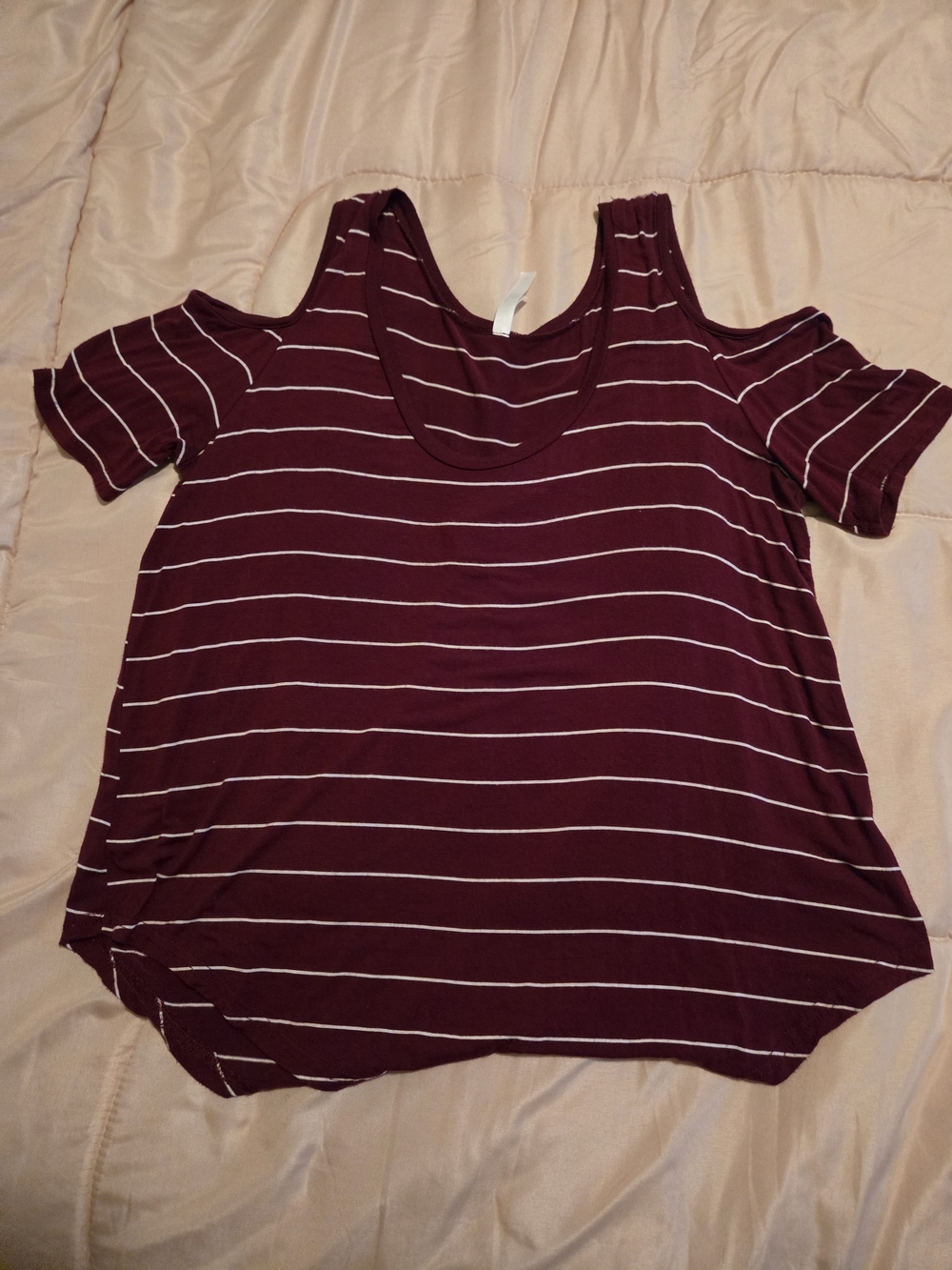 Women's Burgundy Striped Cold-Shoulder Tee